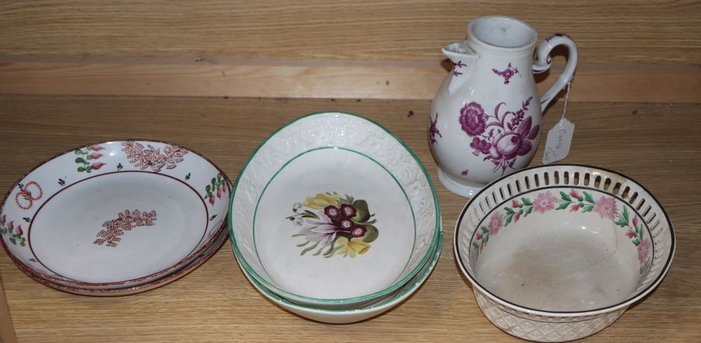 A 19th century German porcelain hot water jug, two Regency porcelain dishes a pair of Wilson pearlware dishes and a Wedgwood basket